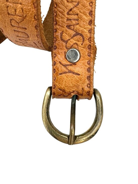 Vintage Yves Saint Laurent YSL Tan Embossed Leather Skinny Belt Brass 39.5” main image 5